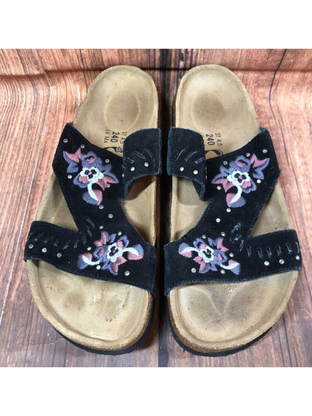 Betula Birkenstock Womens 37 / 6 Zara Black Embroidered Floral Suede Sandals